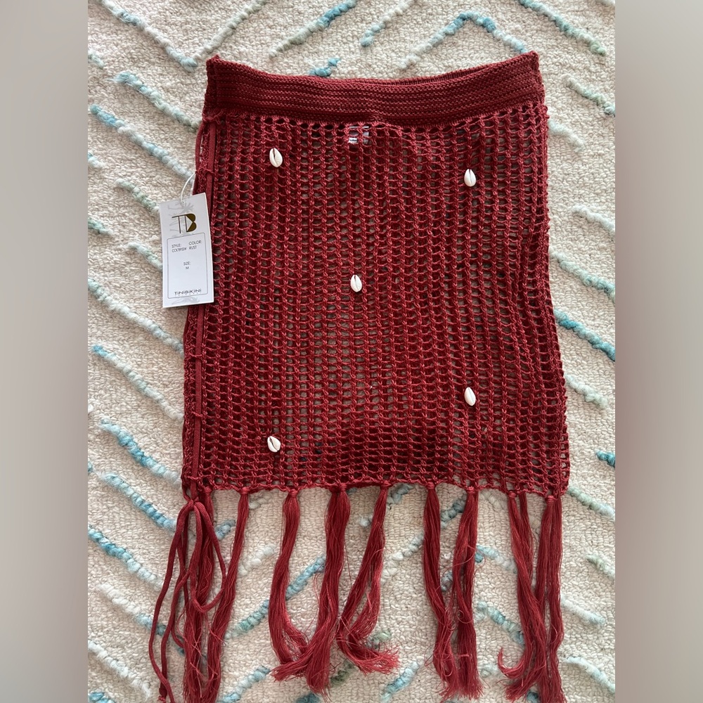 Red Mesh Skirt with Fringe and Shell Accents